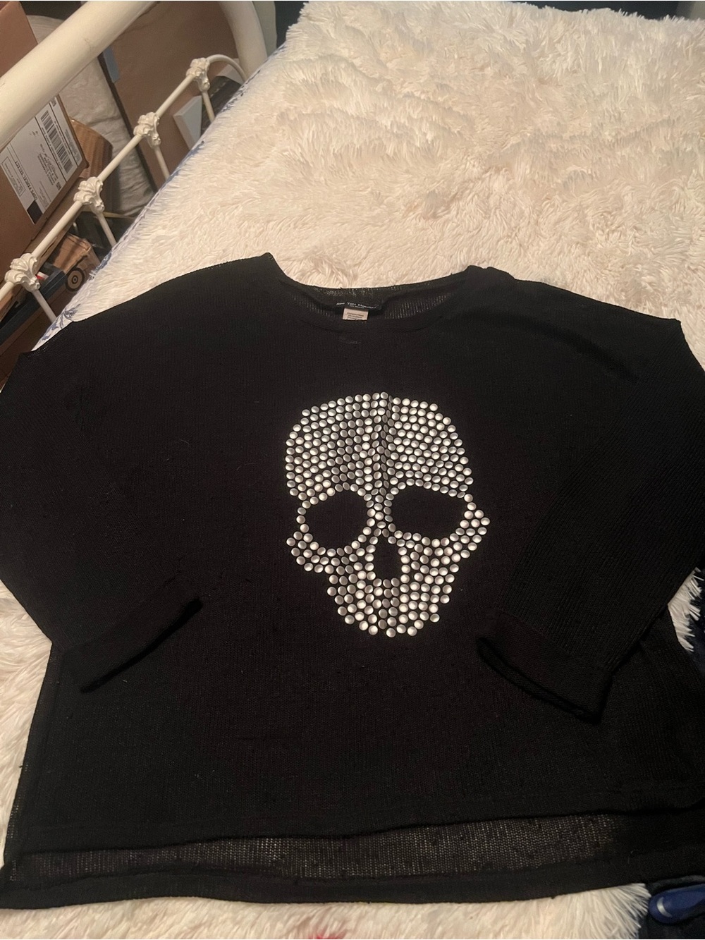 See You Monday Black Crewneck Sweater with Rhinestone Skull